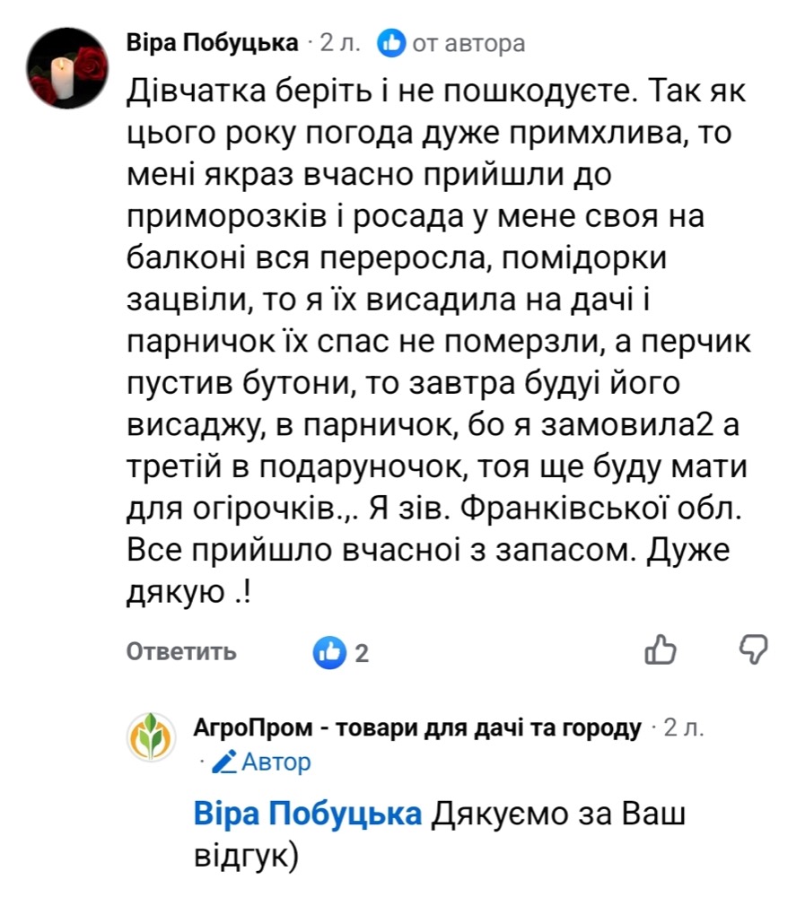Відгук про захист розсади від приморозків